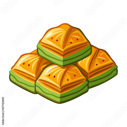 Delicious Turkish baklava vector illustration with sweet layered pastry, traditional dessert design, Middle Eastern sweets, honey syrup dessert artwork