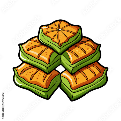 Delicious Turkish baklava vector illustration with sweet layered pastry, traditional dessert design, Middle Eastern sweets, honey syrup dessert artwork