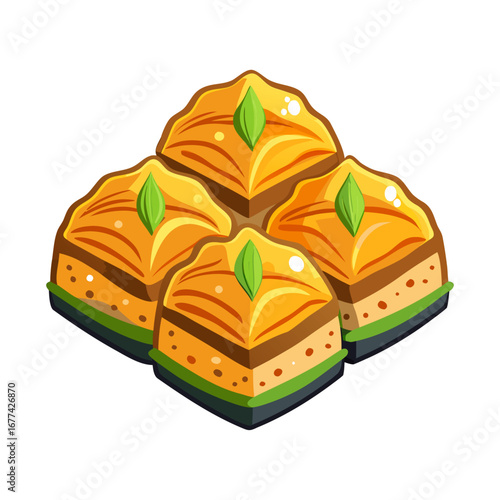 Delicious Turkish baklava vector illustration with sweet layered pastry, traditional dessert design, Middle Eastern sweets, honey syrup dessert artwork