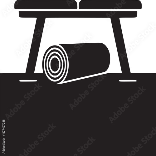 A black and white image of a bench with a rolled up mat underneath it in a simple design style