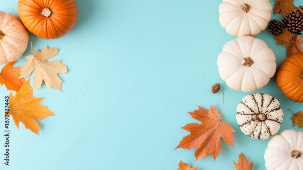 Fototapeta premium Autumn's Embrace: Vibrant pumpkins and golden autumn leaves are scattered artfully on a calming turquoise surface, symbolizing harvest abundance and the changing season.