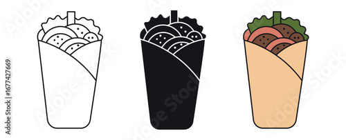 Shawarma or chicken wrap vector icon. Turkish fast food with meat and vegetables in pita bread. Vector illustration .