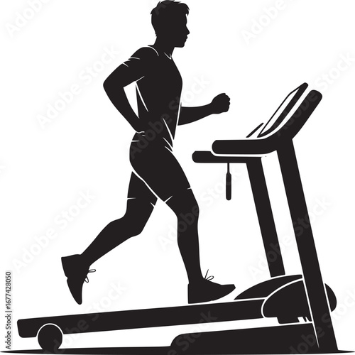 Silhouette of a man running on a treadmill in a minimalist black and white illustration style image