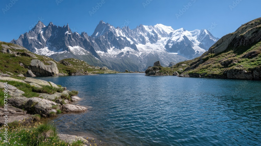 Obraz premium Alpine Lake Scene: The majestic snowy peaks of the mountains cradle a serene lake, creating a picture of stunning natural beauty in the bright daylight. A breathtaking scene of a tranquil lake. 