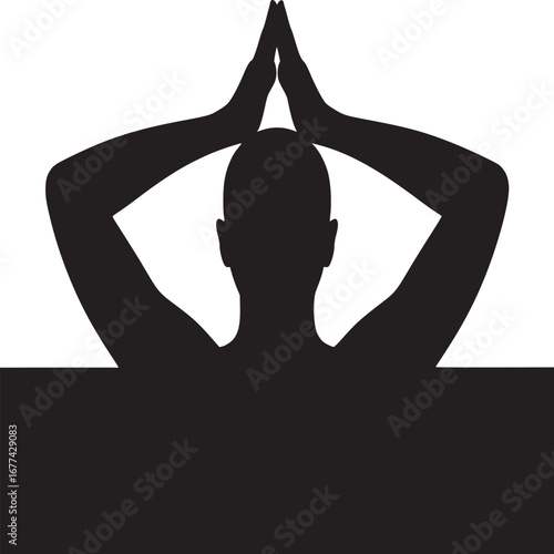 Silhouette of a person with hands together above head in a yoga pose against white background