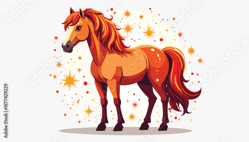 A majestic chestnut horse stands proudly, its fiery mane and tail shimmering amidst a sparkling, golden backdrop.