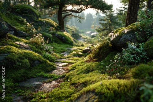 Lush mossy path through a sunlit forest