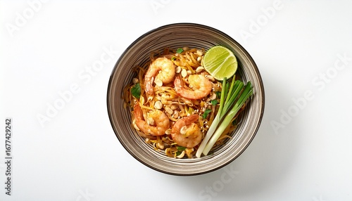 Wallpaper Mural asian thai food bowl of pad thai with shrimp peanuts and lime beautifully arranged top view isolated on a white background Torontodigital.ca