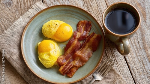 Wallpaper Mural Breakfast Delight: A tantalizing breakfast scene features a plate of golden-cooked scrambled eggs, crispy bacon, and a steaming mug of rich coffee, capturing the essence of a comforting meal. Torontodigital.ca