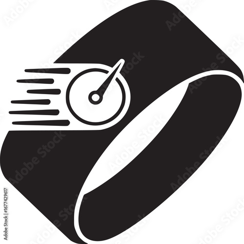 A black and white graphic of a fitness tracker with a speedometer icon indicating speed and motion