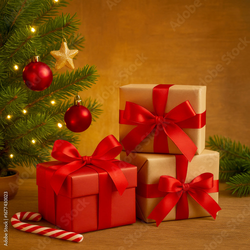 AI-Generated image of beautifully wrapped Christmas presents placed under a decorated tree.