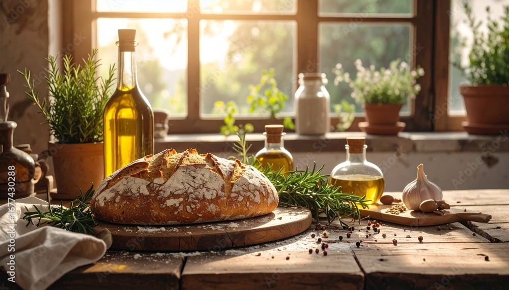 Fototapeta premium Freshly baked artisan bread with olive oil and herbs on rustic wooden table