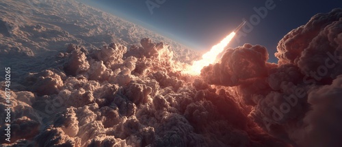 Rocket Launch Fire Trail in Sky with Bright Clouds and Dark Atmosphere