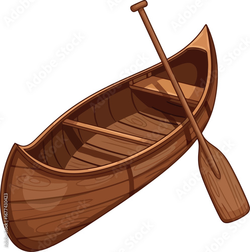 Wooden canoe with paddle ready for serene lake adventure vector