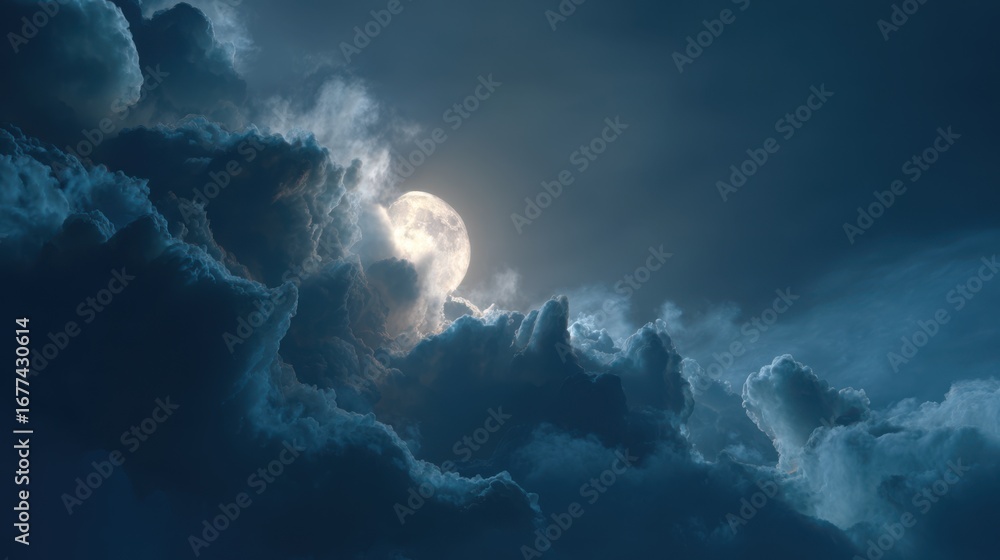Naklejka premium Moon glowing behind moving clouds, creating a cinematic atmosphere, hyper-realistic textures in stunning movie-style clarity