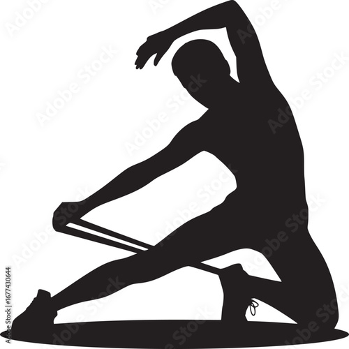 Silhouette of person kneeling and stretching with resistance band on white background image view