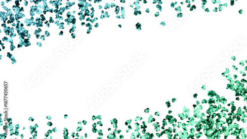 Sparkling teal and emerald glitter confetti falling against a white