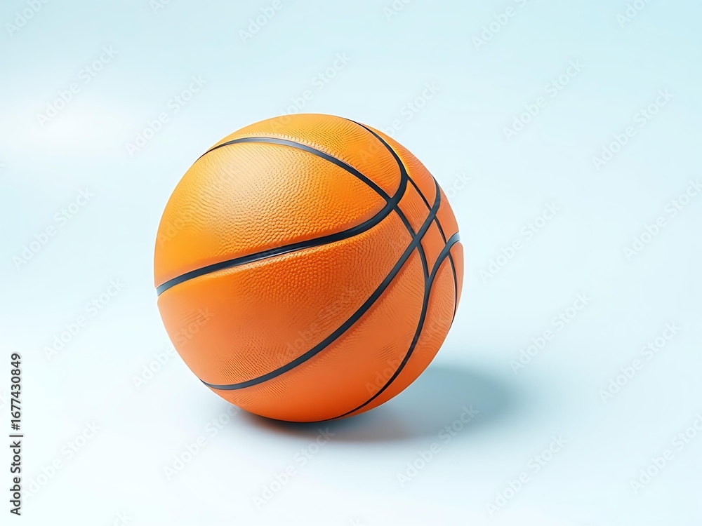 Fototapeta premium Orange basketball with black lines isolated on a pale blue background, clean minimal sports illustration concept, high-quality basketball artwork, simple sporty product shot, modern athletic