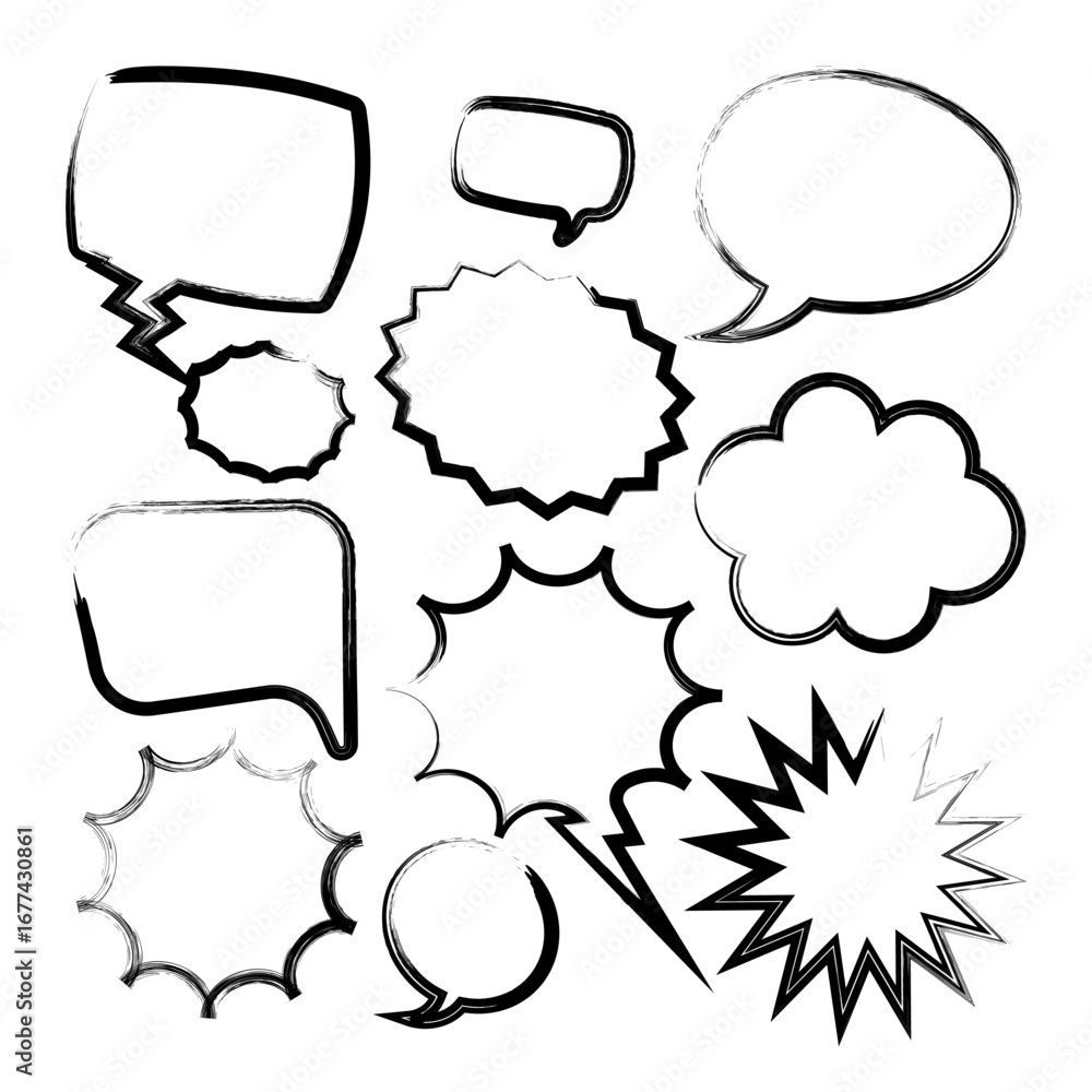 Fototapeta premium Grunge comic speech bubbles with brush strokes, ink smudges, acrylic stains or charcoal streaks. Hand drawn retro cartoon stickers. Chatting, message box. Vector illustration