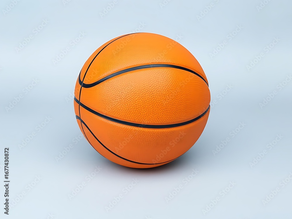 Fototapeta premium Orange basketball with black lines isolated on a pale blue background, clean minimal sports illustration concept, high-quality basketball artwork, simple sporty product shot, modern athletic