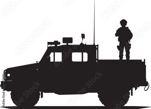 Checkpoint Guard Vehicle A vehicle stationed at a checkpoint, standing guard. Full-length silhouette in black vector art.