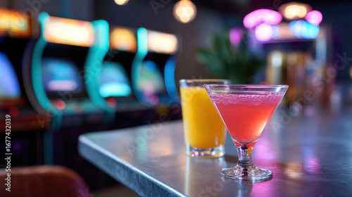 Charming cocktails on bar table in vibrant arcade setting, featuring neon lights and classic arcade machines in background, creating lively atmosphere