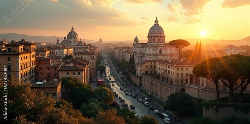 Serene cityscape view of Rome at dawn, bathed in golden light; ancient ruins meet modern city, perfect for mindful reflection Ideal for meditation, travel, and spiritual themes , discovery, streets