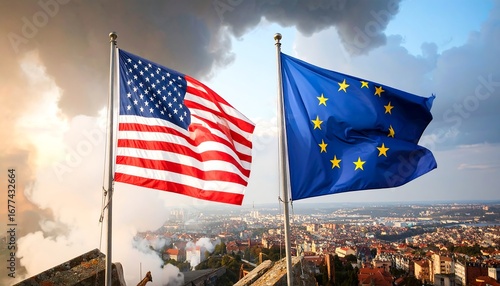 Flags of USA and EU over city