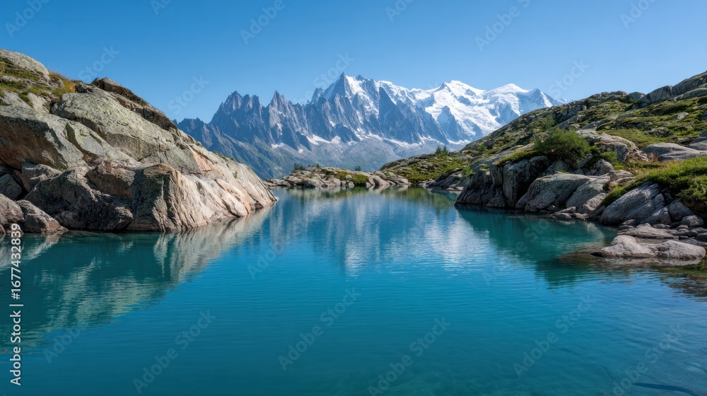 Fototapeta premium Azure Majesty: A breathtaking alpine lake mirrors towering, snow-capped mountains under a cloudless azure sky.