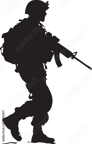 Forward Patrol A silhouette vector of a soldier carefully advancing with weapon ready.