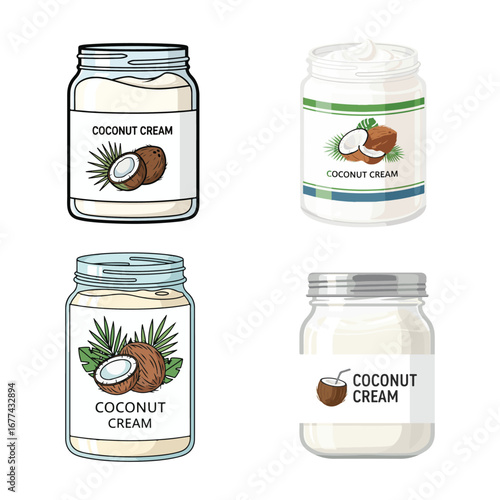 Coconut Cream Jar Vector Illustration Set