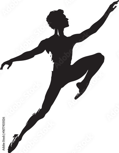 A Ballet dancer jumping and bringing both legs together in mid-air, landing with feet together. full length silhouette black vector illustration