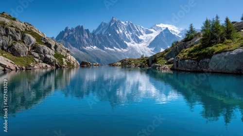 Scenic Mountain Lake: A breathtaking panorama unfolds with a majestic mountain range reflected in the crystal-clear waters of a serene lake under a vibrant blue sky, an ode to nature's artwork.