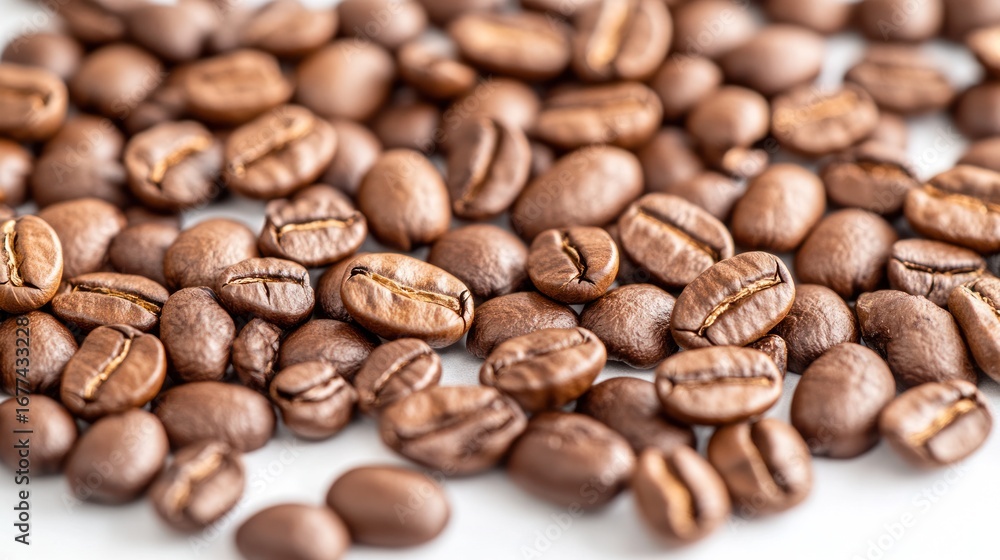 Fototapeta premium Roasted Coffee Beans: A close-up, macro shot showcases the rich texture and aroma of roasted coffee beans, capturing the essence of a morning ritual.