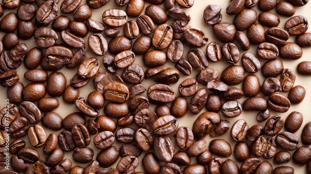 Fototapeta premium Roasted Coffee Beans: An inviting overhead view of freshly roasted coffee beans, showcasing their rich, natural colors and textures, ready to awaken the senses.