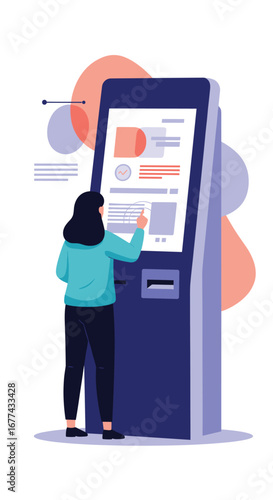 Customer interacting with a digital kiosk for information and transactions