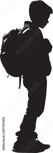 Adjusting Schoolbag A black silhouette vector of a student putting on their schoolbag, adjusting the straps.