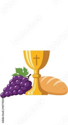 Celebrate the holy communion with this beautiful sacred symbols design featuring a chalice grapes and bread