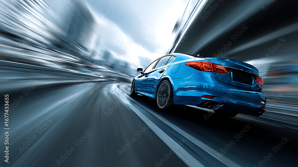 Obraz premium rear view of blue business car speeding along highway high-speed turn dynamic motion blur automotive vehicle performance fast driving and modern transport