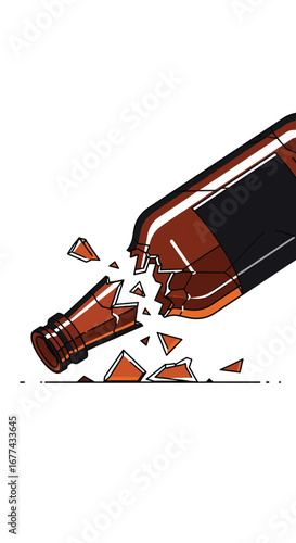 Cracked amber glass bottle spilled contents broken fragments scattered on white surface