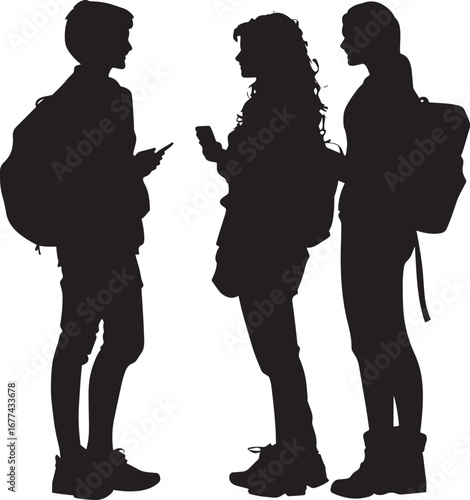 Casual Conversation A full-length black vector of a student talking with friends, schoolbag resting beside them.