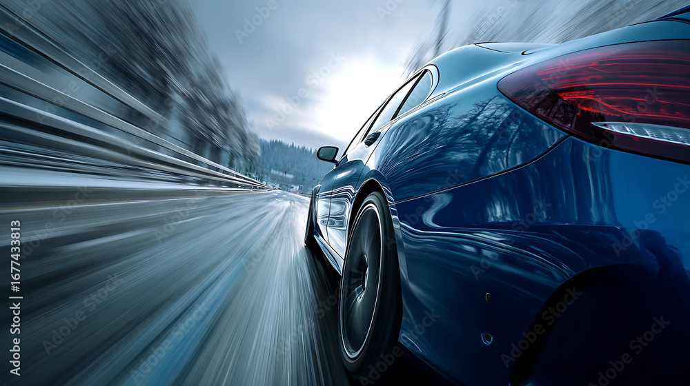 Obraz premium rear view of blue business car speeding along highway high-speed turn dynamic motion blur automotive vehicle performance fast driving and modern transport