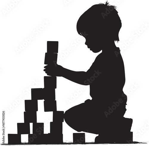 creative construction a black silhouette vector of a child stacking blocks to build something imaginative.