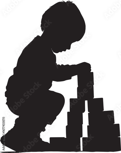 Building with Blocks A child stacking blocks or toys, constructing something imaginative. full length silhouette black vector illustration