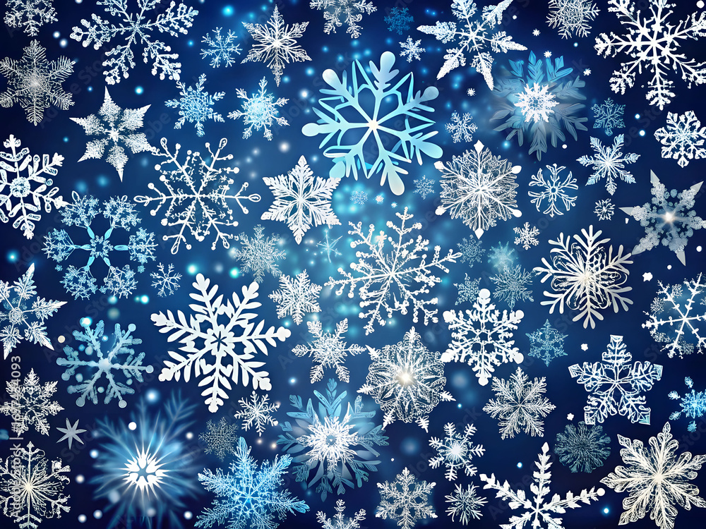 Intricate Snowflakes Winter Wonderland Blue Background Frozen Unique Frosty Magical Scene
