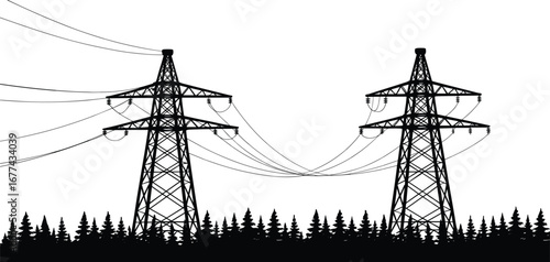 High voltage transmission towers, power lines over forest, electricity infrastructure, black and white vector, energy grid, utility landscape, electric pylons