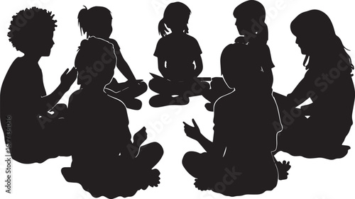 Group Activity A full-length black vector of children engaged in a discussion or project in a circle.