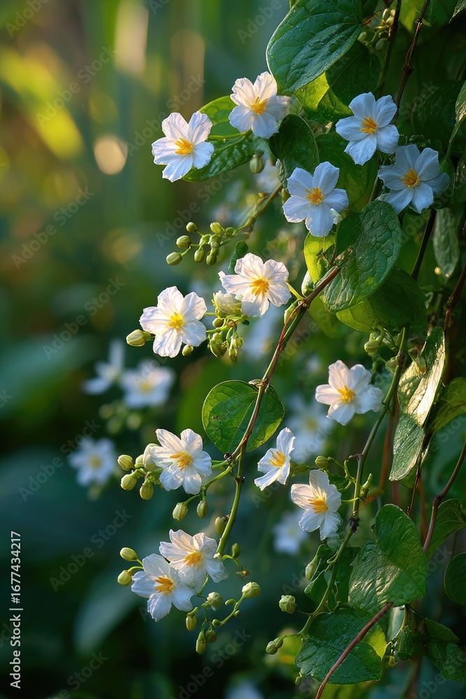 Fototapeta premium Small white flowers cascading down vines