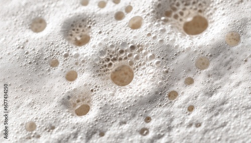 Detailed close-up of beer foam with bubbles, creating a textured surface.