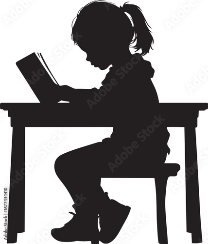 Focused Reading A black silhouette vector of a child sitting at a desk, engrossed in a book.